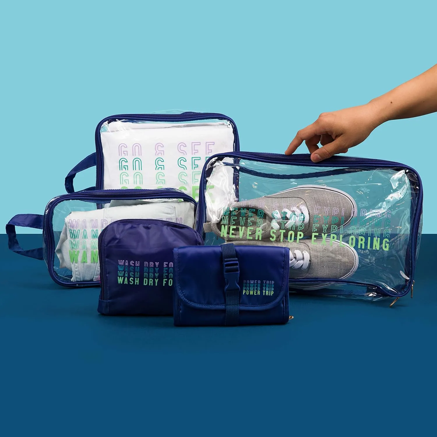 Miamica 3-Piece Packing Cubes, Blue Wander Clear Design  Includes Small, Medium and Large Suitcase Organizers with Durable Design