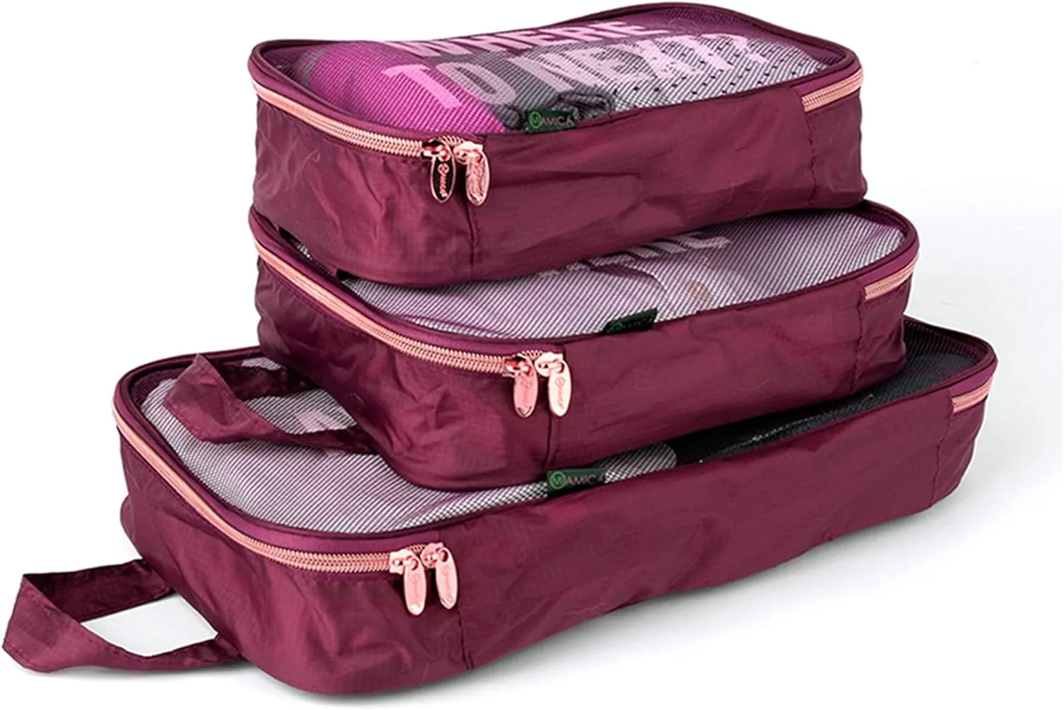 Miamica 3-Piece Packing Cubes, Burgundy Design  Includes Small, Medium and Large Suitcase Organizers with Durable Design