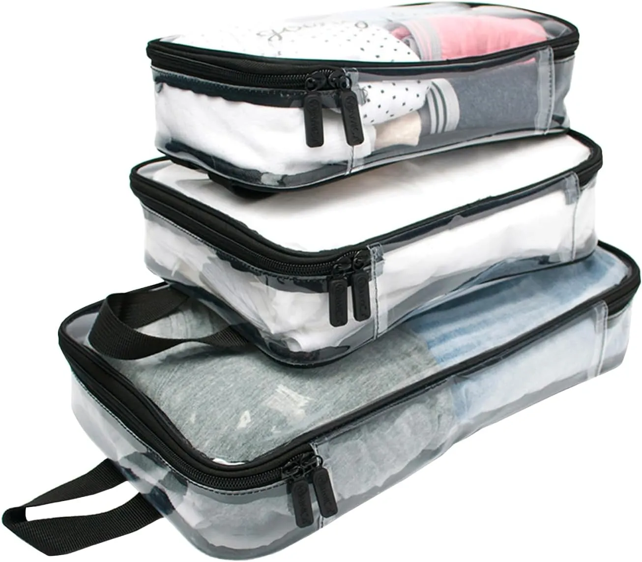 Miamica 3-Piece Packing Cubes, Clear/Black  Includes One Large, One Medium, and One Small Suitcase Organizer  Lightweight, Durable Design
