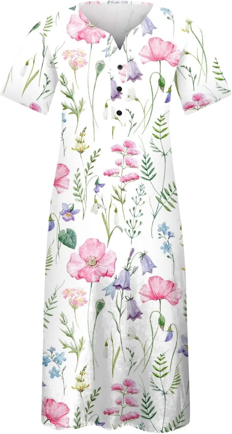 Midi Dresses for Women Elegant Floral Sexy V Neck Short Sleeve Summer Dress Casual Button Down Smocked Flowy Dress