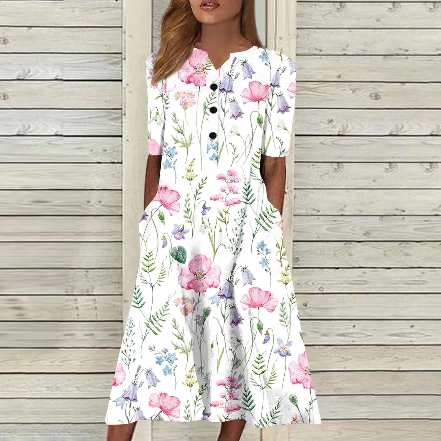 Midi Dresses for Women Elegant Floral Sexy V Neck Short Sleeve Summer Dress Casual Button Down Smocked Flowy Dress