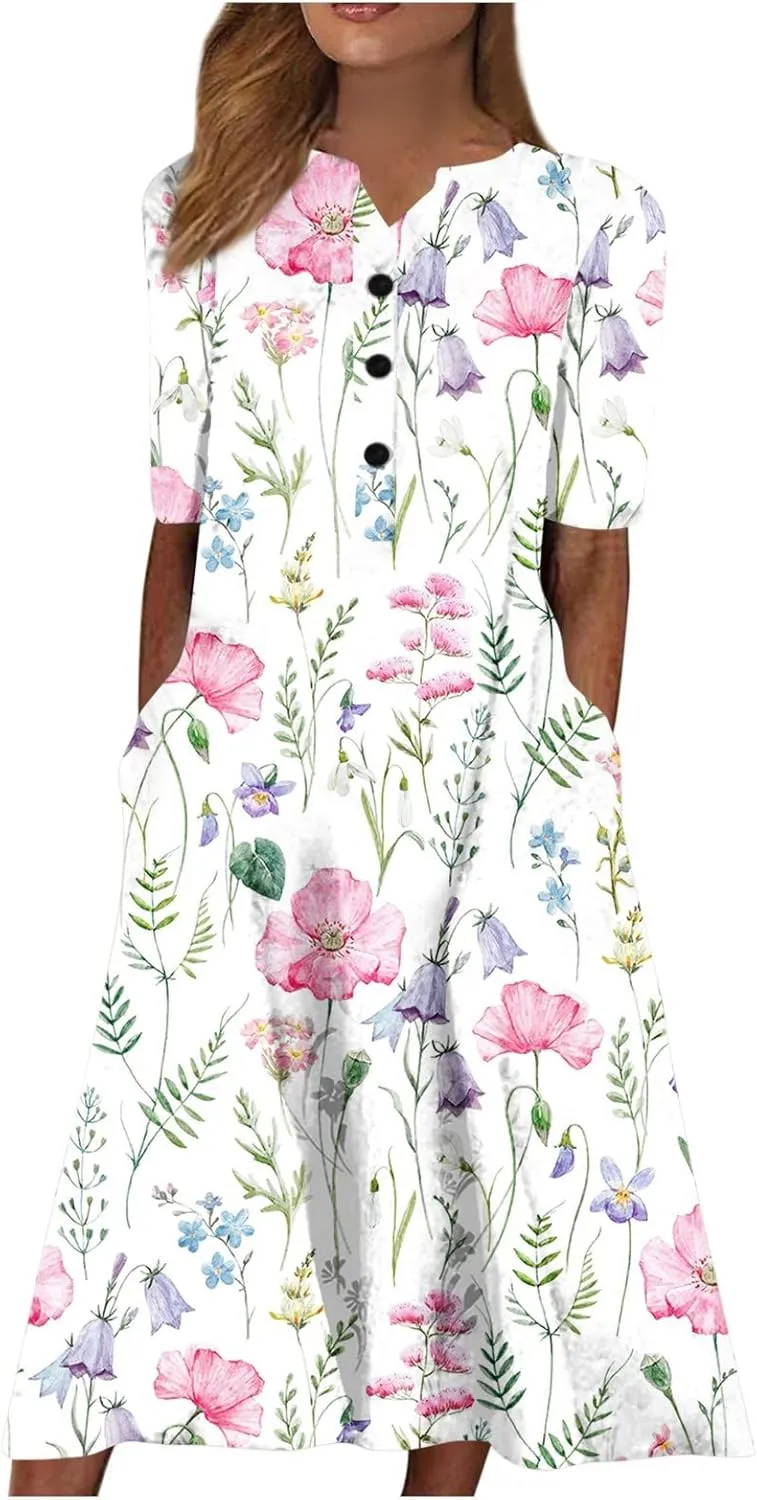Midi Dresses for Women Elegant Floral Sexy V Neck Short Sleeve Summer Dress Casual Button Down Smocked Flowy Dress