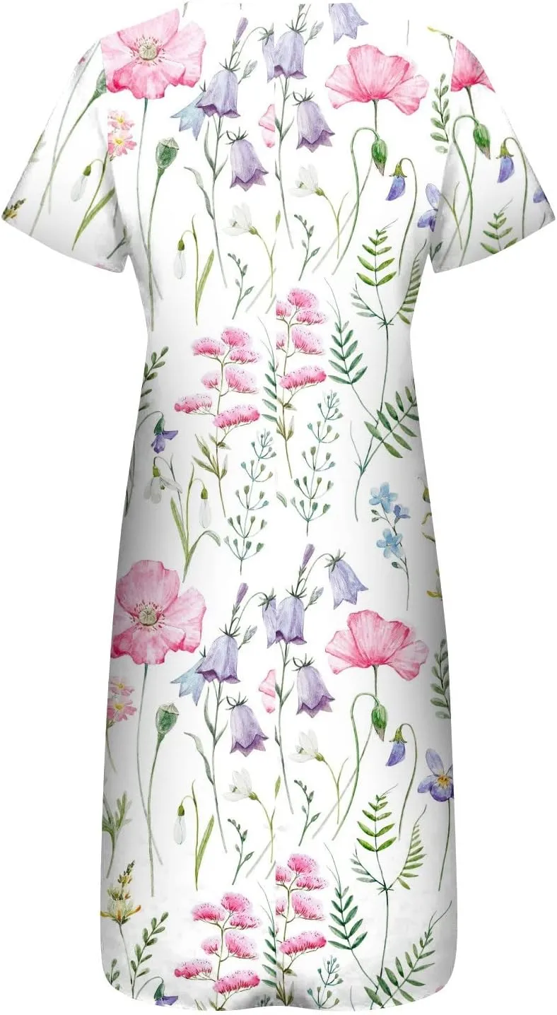 Midi Dresses for Women Elegant Floral Sexy V Neck Short Sleeve Summer Dress Casual Button Down Smocked Flowy Dress