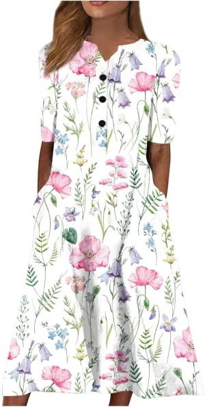 Midi Dresses for Women Elegant Floral Sexy V Neck Short Sleeve Summer Dress Casual Button Down Smocked Flowy Dress
