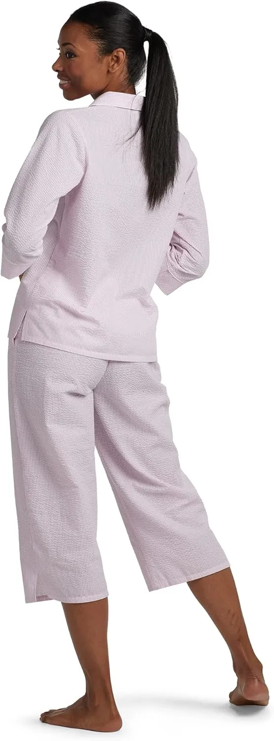 Miss Elaine Pajama Set - Womens Seersucker PJ Set, 3/4 Sleeves and Cropped Pants, Sleepwear