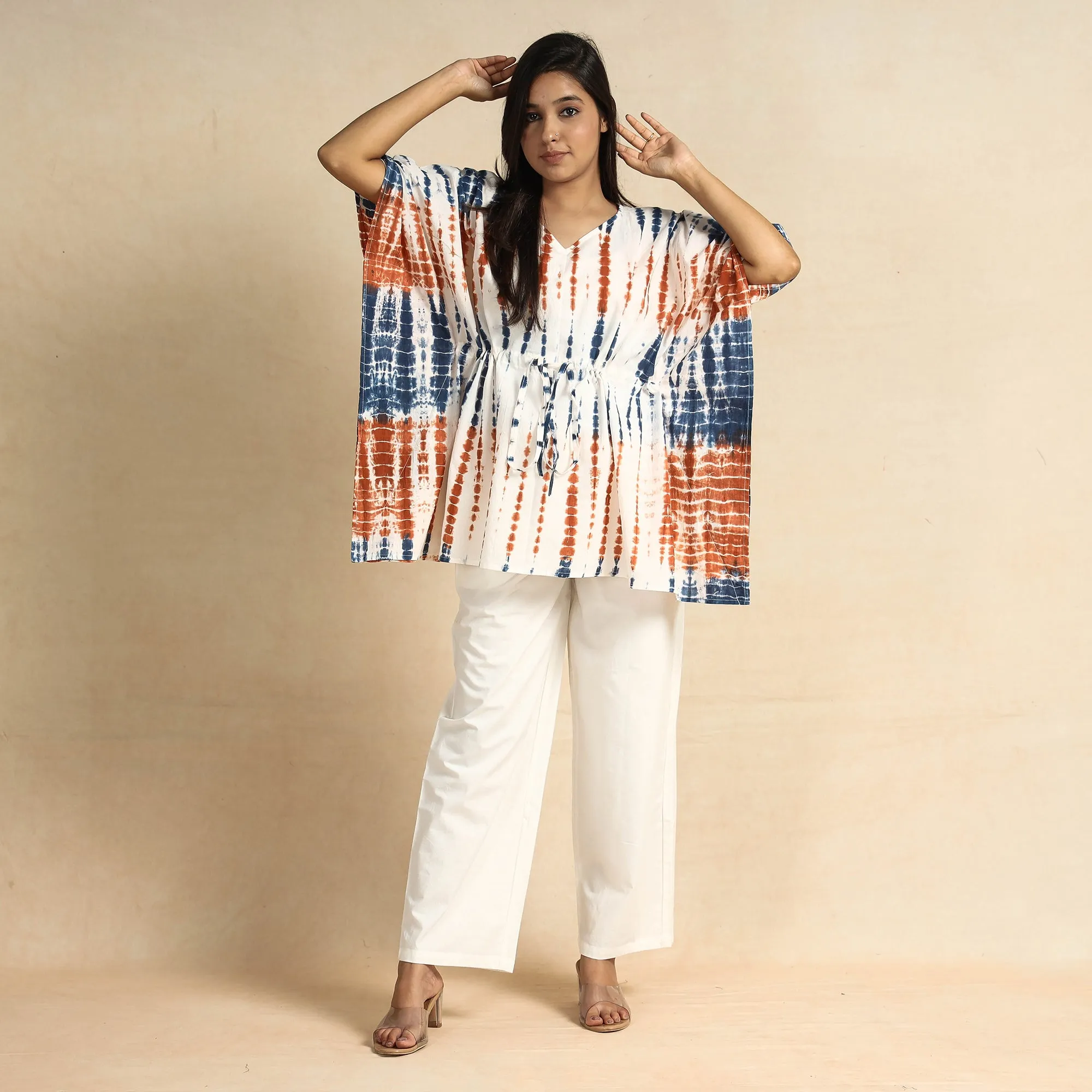 Multicolor - Shibori Tie-Dye Cotton Kaftan & Pyjama Night Suit Set