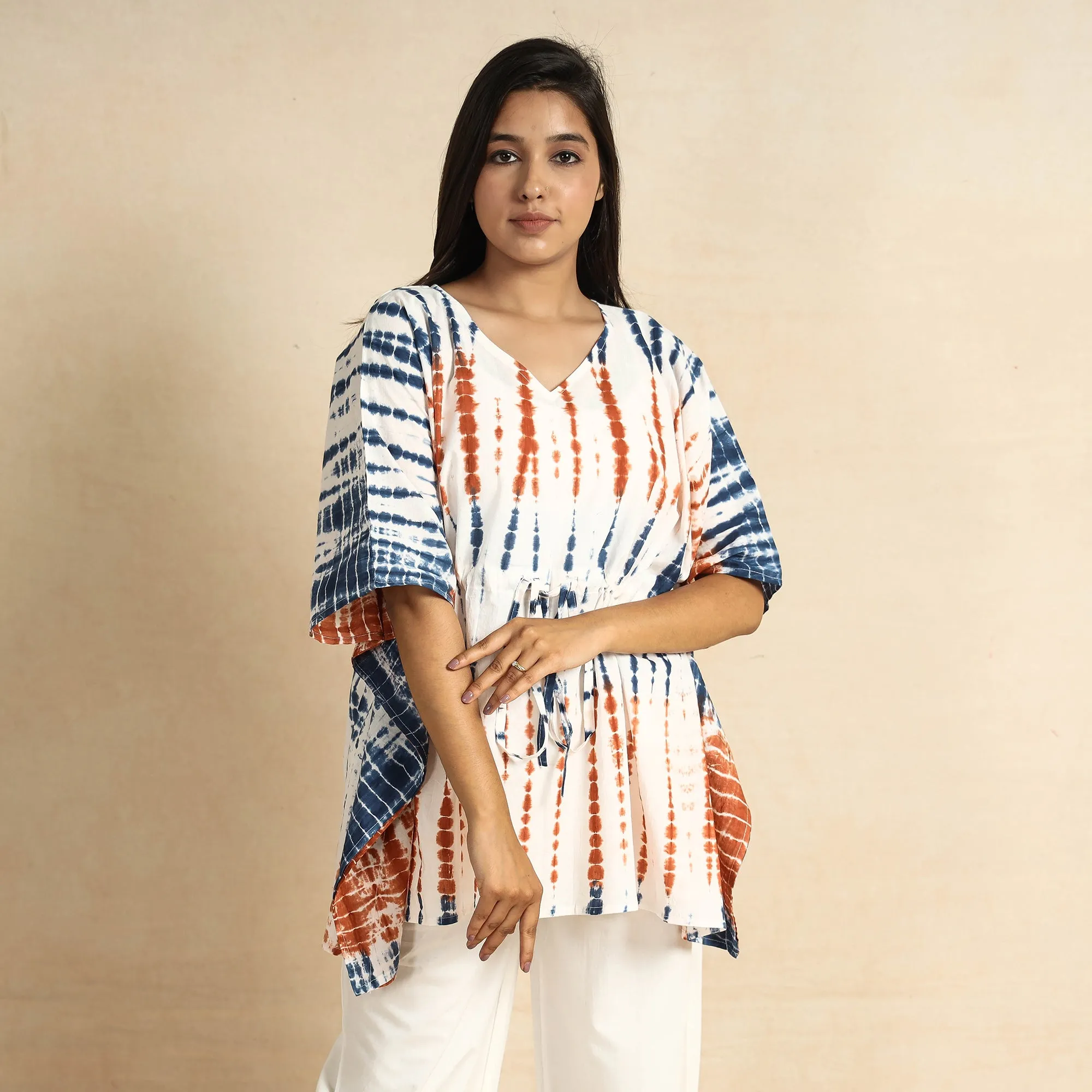 Multicolor - Shibori Tie-Dye Cotton Kaftan & Pyjama Night Suit Set