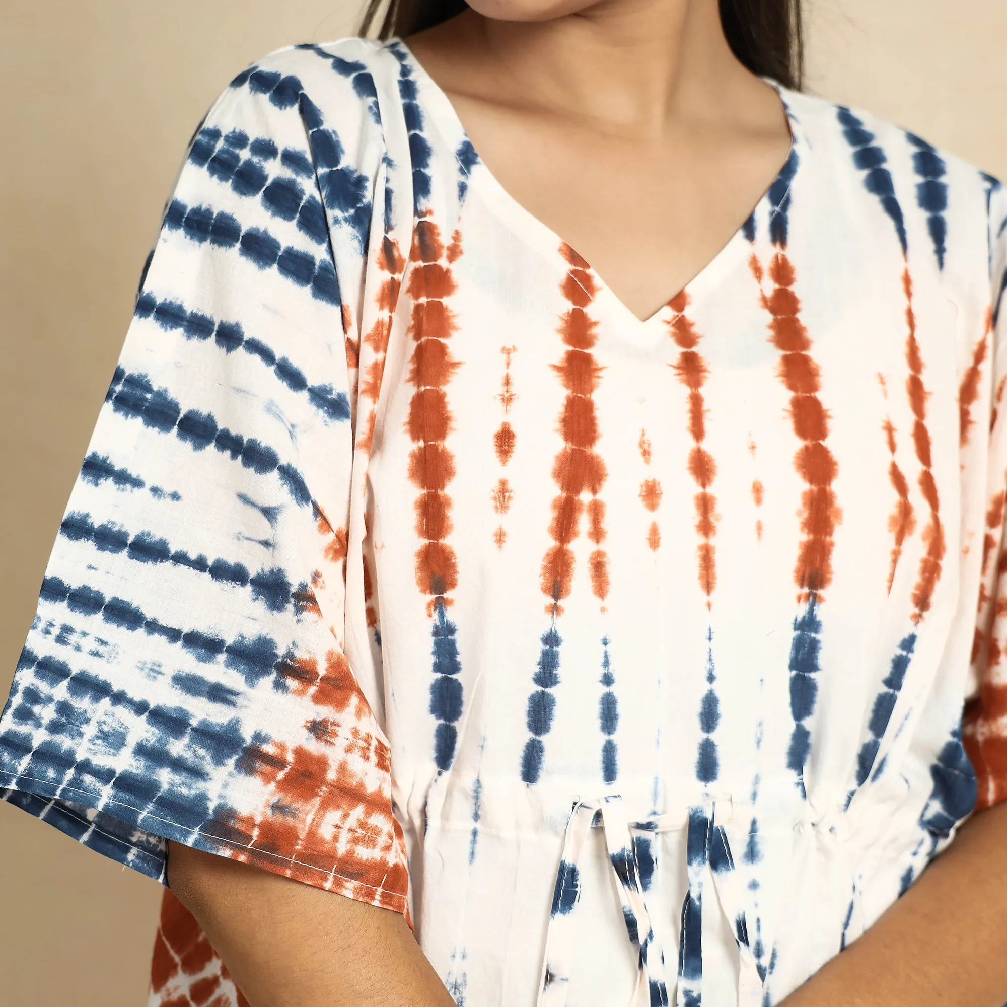 Multicolor - Shibori Tie-Dye Cotton Kaftan & Pyjama Night Suit Set