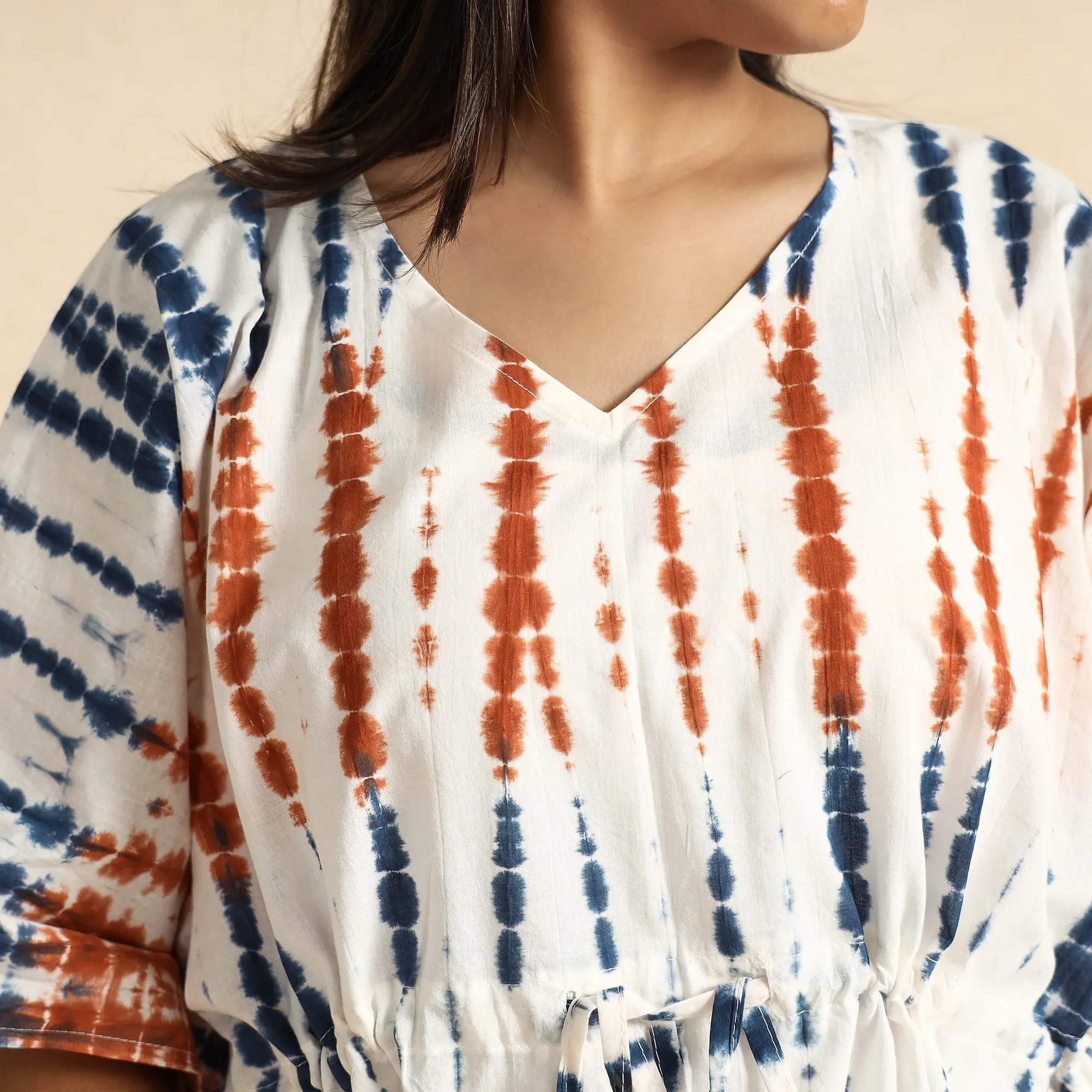 Multicolor - Shibori Tie-Dye Cotton Kaftan & Pyjama Night Suit Set