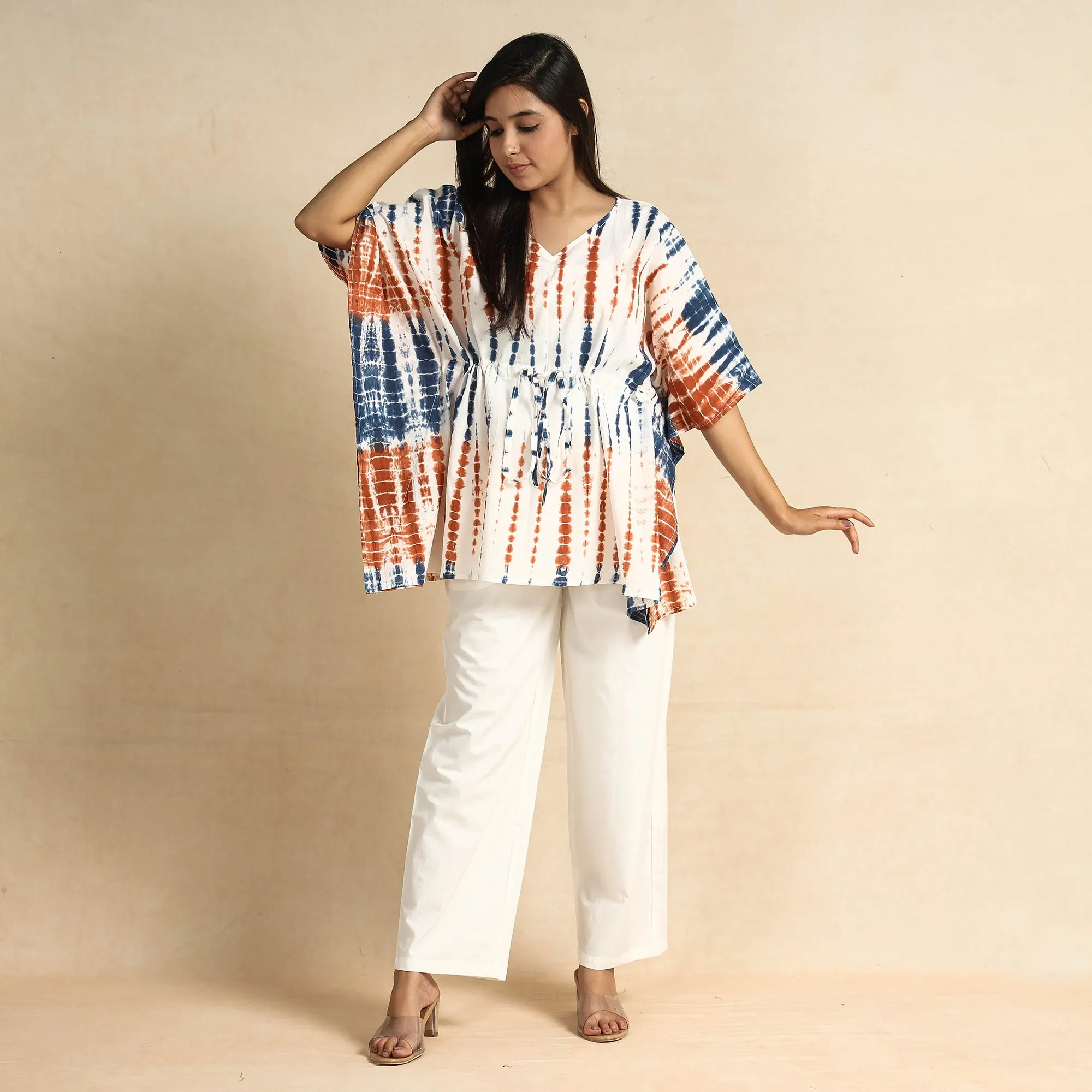 Multicolor - Shibori Tie-Dye Cotton Kaftan & Pyjama Night Suit Set