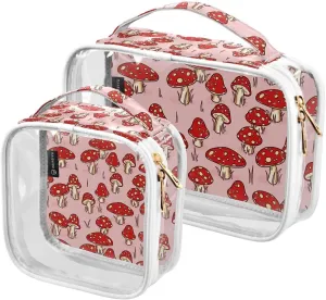 Mushroom-pink-pattern 2 Pack Clear Toiletry Bag Women Men, Portable Waterproof Clear Pouch, Cosmetic Bag with Double Zippers Large Opening Traveling with Handle for Bathroom Traveling Vacation Organiz