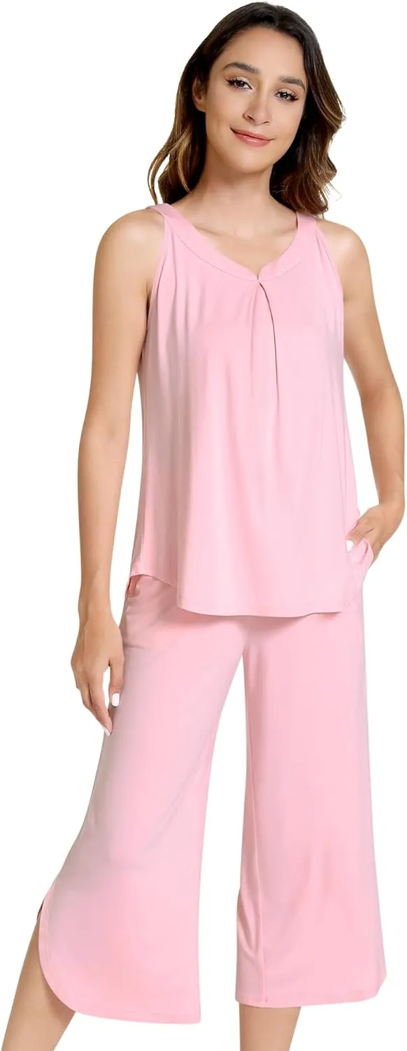 NACHILA Women's Pajamas-Viscose Made from Bamboo,Pleated Cami Pj Top Cool Capri Pant Pajama Set Sleeveless Camisole Sleepwear