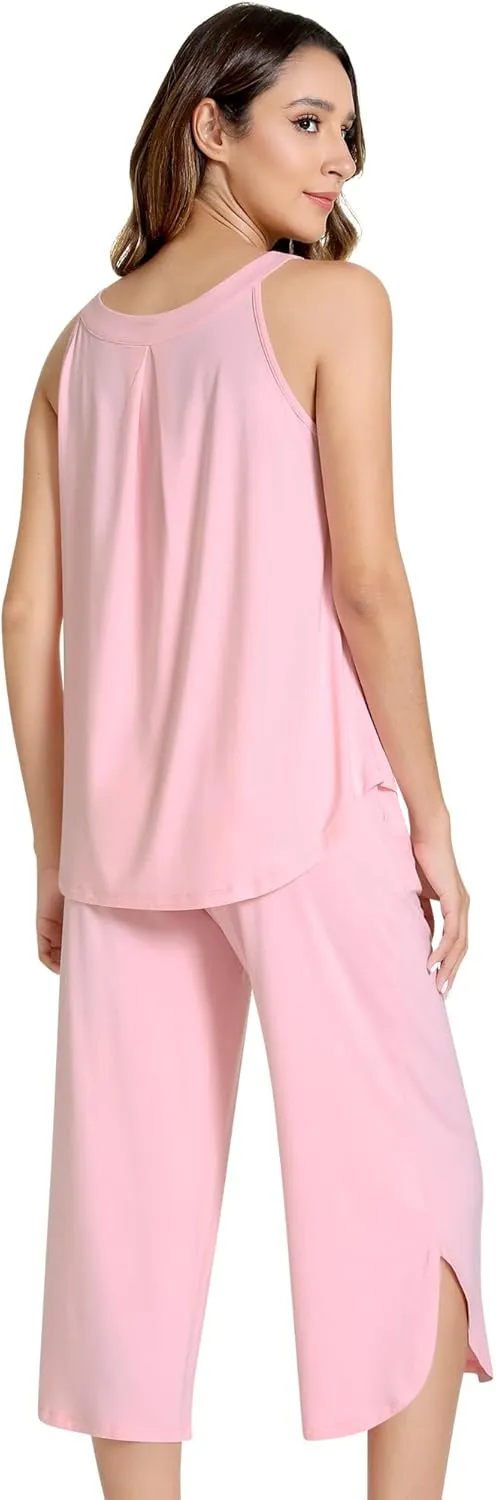 NACHILA Women's Pajamas-Viscose Made from Bamboo,Pleated Cami Pj Top Cool Capri Pant Pajama Set Sleeveless Camisole Sleepwear