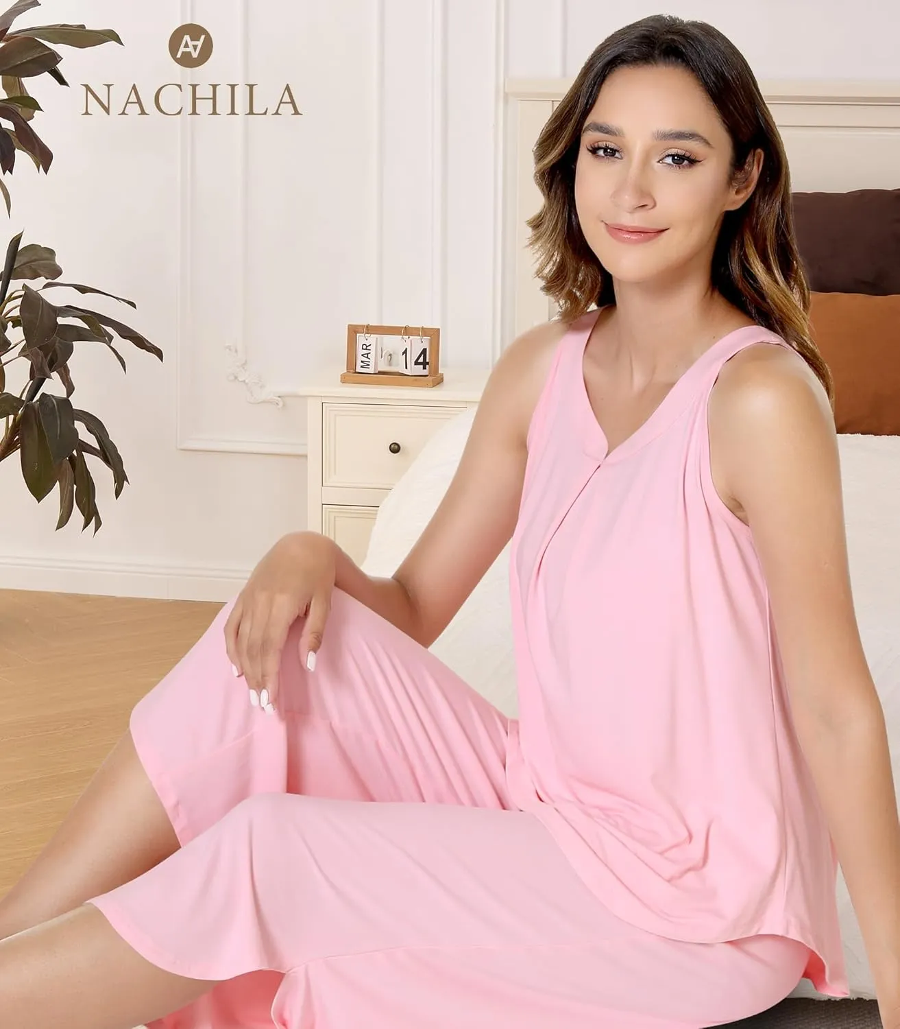 NACHILA Women's Pajamas-Viscose Made from Bamboo,Pleated Cami Pj Top Cool Capri Pant Pajama Set Sleeveless Camisole Sleepwear