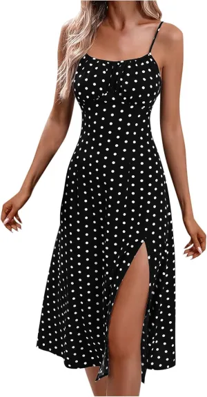 NaRHbrg Women's Polka Dot Spaghetti Strap Midi Dress High Waist Slit Flowy Summer Beach Casual Sundress