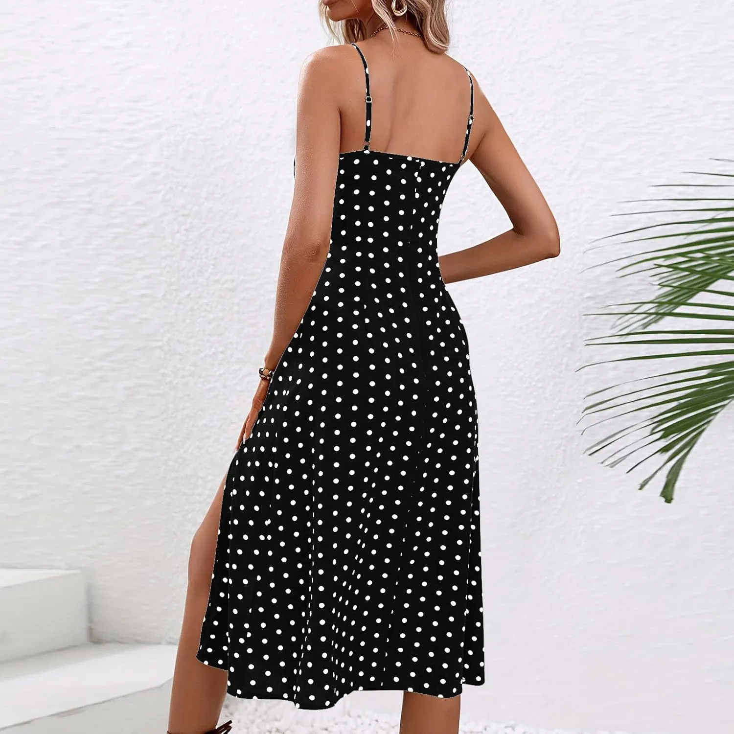 NaRHbrg Women's Polka Dot Spaghetti Strap Midi Dress High Waist Slit Flowy Summer Beach Casual Sundress