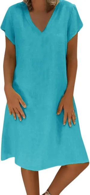 NaRHbrg Womens Summer Dress Cotton Linen Short Sleeve Mini Dresses V Neck Loose Casual Tunic Beach Sundress