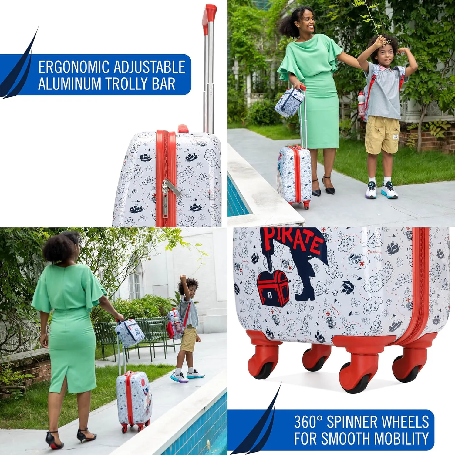 NAUTICA Kids Luggage - 18" Airline Approved Rolling Hardside Upright Carry-on Suitcase Set with Wheels (Pirate Ahoy | 5pc School Set)