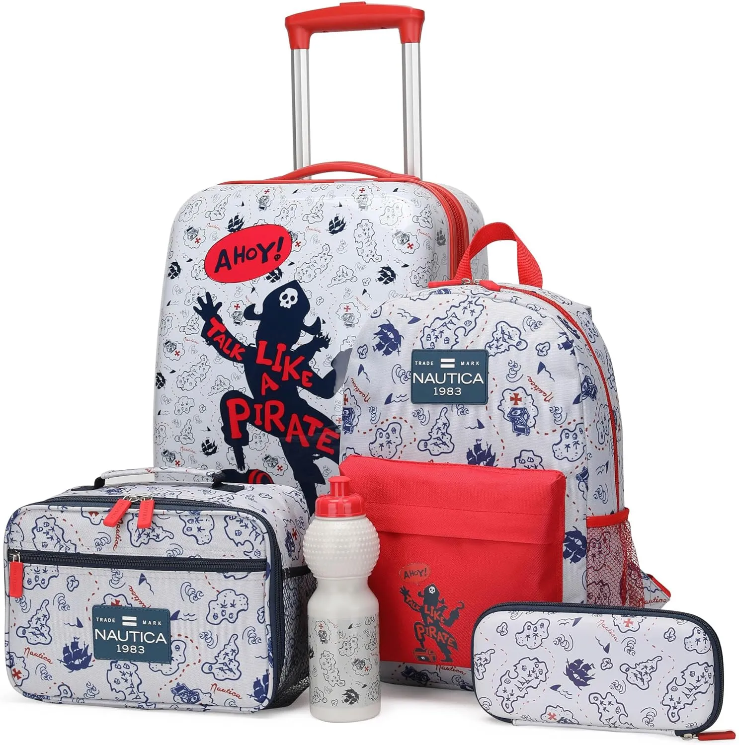 NAUTICA Kids Luggage - 18" Airline Approved Rolling Hardside Upright Carry-on Suitcase Set with Wheels (Pirate Ahoy | 5pc School Set)