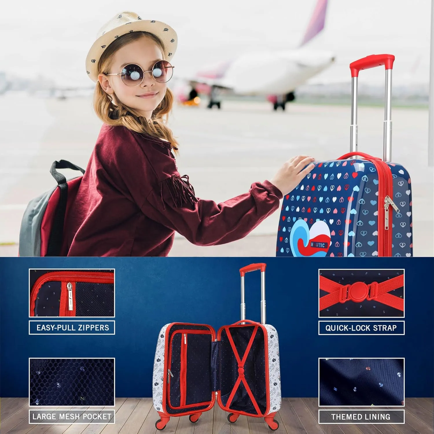 NAUTICA Kids Luggage - 18" Airline Approved Rolling Hardside Upright Carry-on Suitcase Set with Wheels (Pirate Ahoy | 5pc School Set)