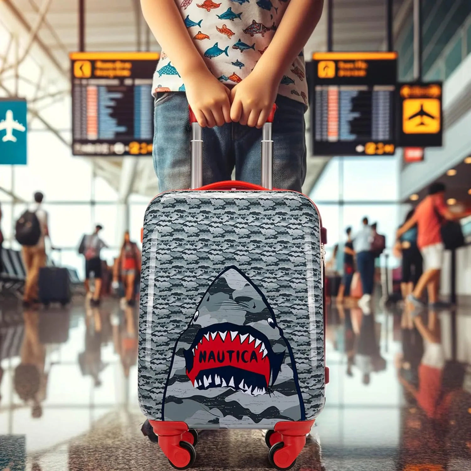 NAUTICA Kids Luggage - 18" Airline Approved Rolling Hardside Upright Carry-on Suitcase with Wheels (Shark Attack)
