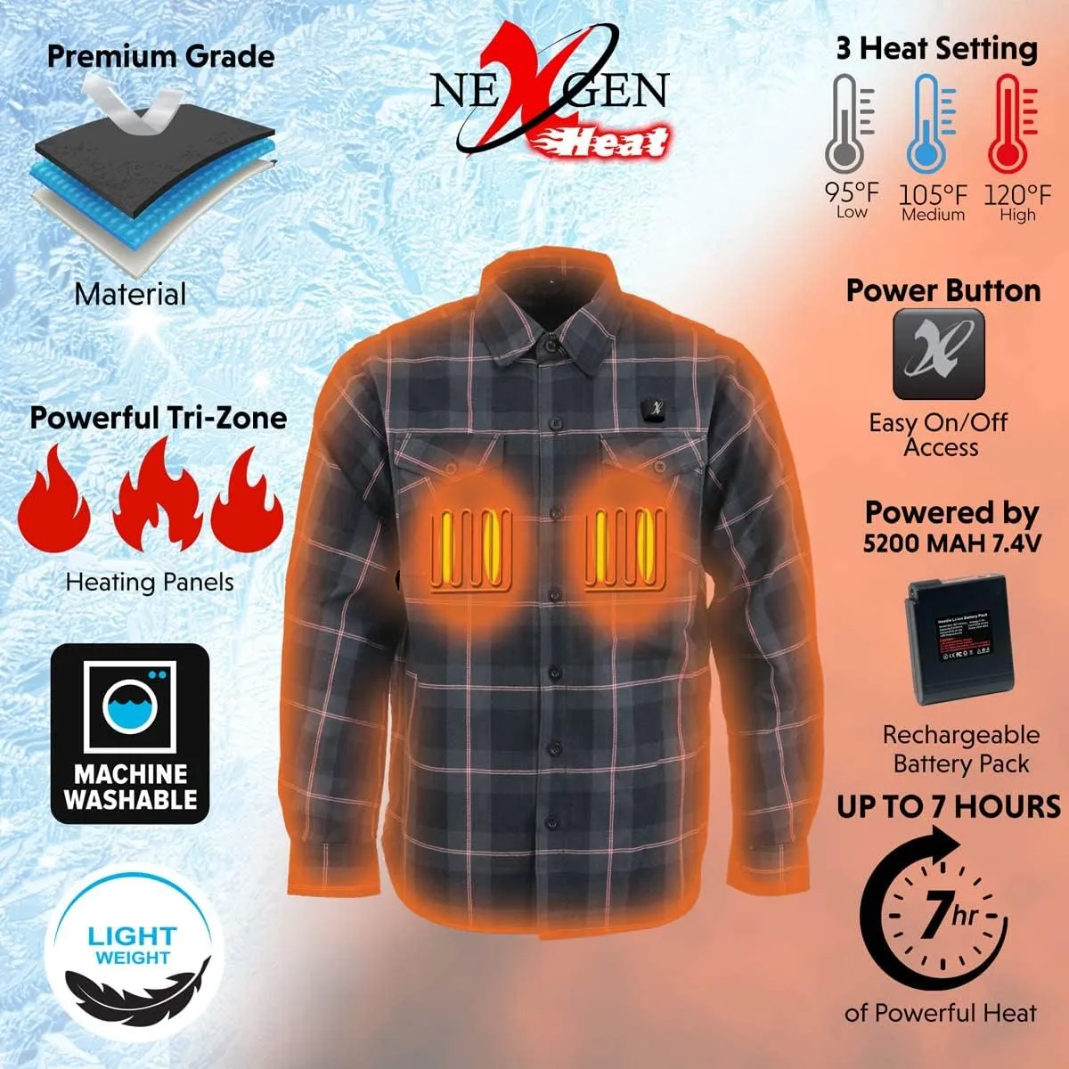 Nexgen Heat Men's NXM1602SET Riffraff Black/Grey/Red Heated Flannel Sleeve Shirt for Outdoor Activities w/Battery