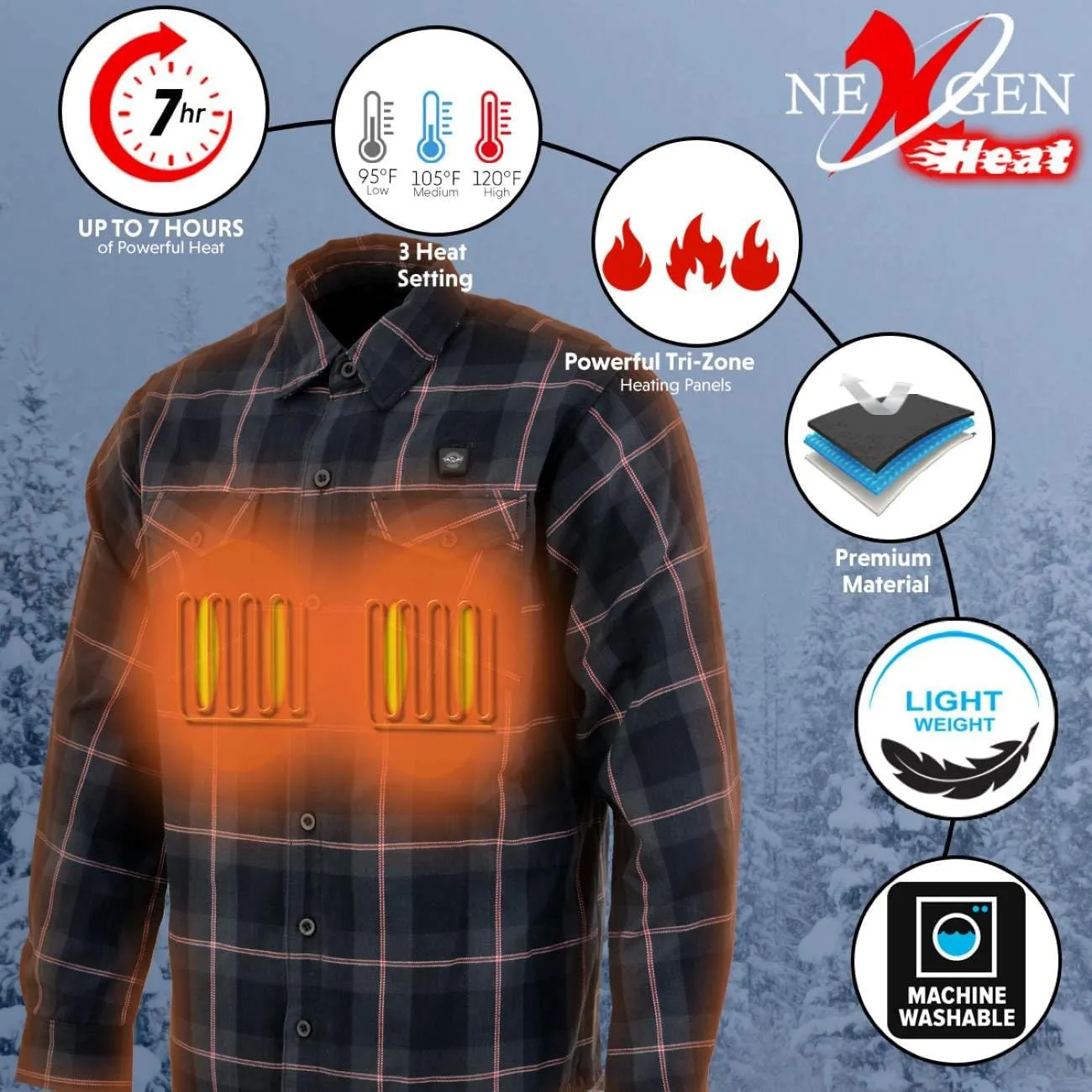 Nexgen Heat Men's NXM1602SET Riffraff Black/Grey/Red Heated Flannel Sleeve Shirt for Outdoor Activities w/Battery