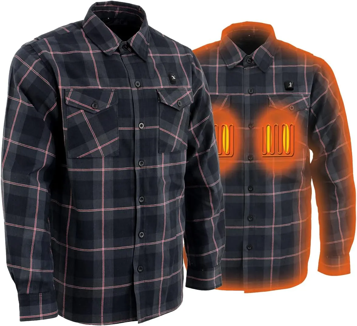 Nexgen Heat Men's NXM1602SET Riffraff Black/Grey/Red Heated Flannel Sleeve Shirt for Outdoor Activities w/Battery
