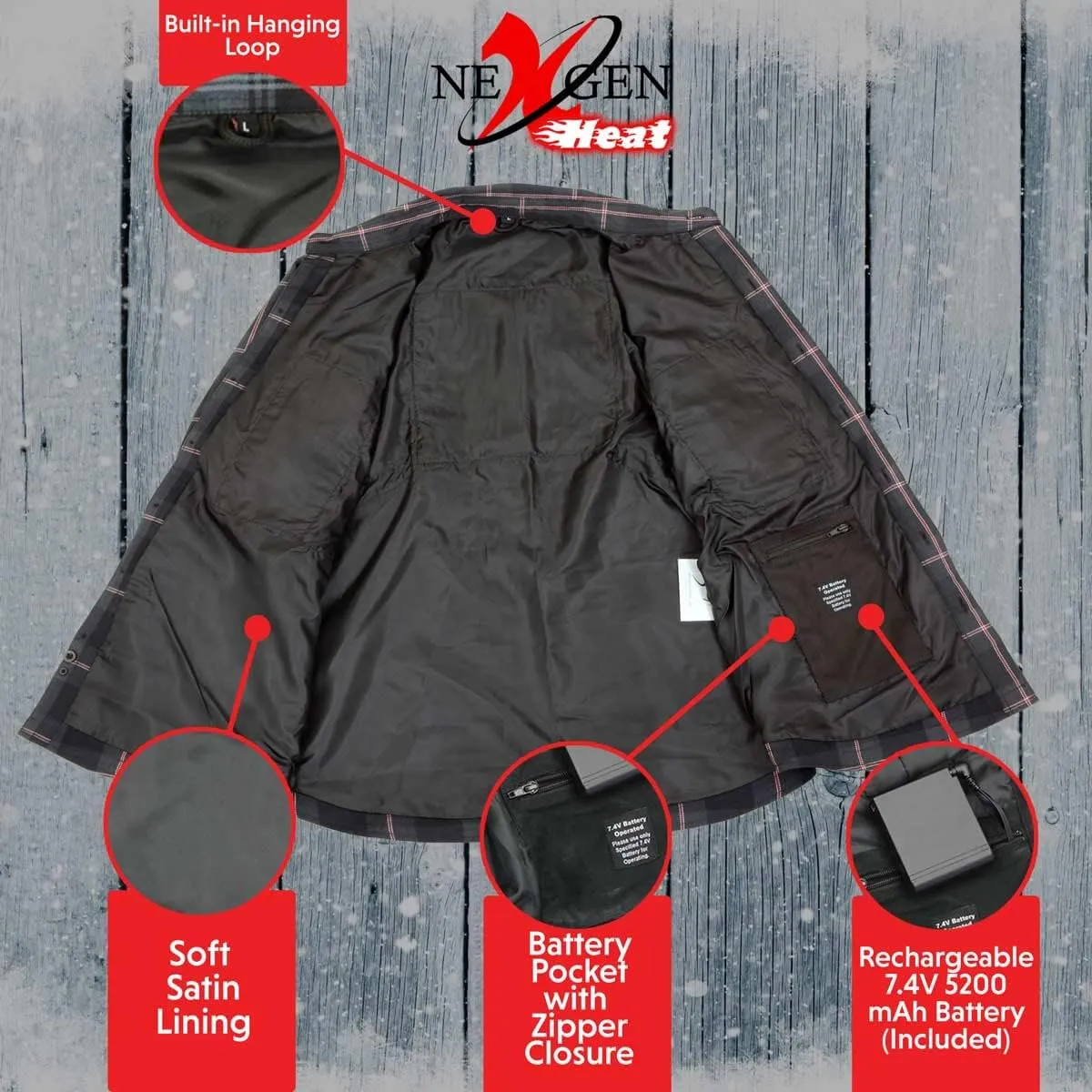 Nexgen Heat Men's NXM1602SET Riffraff Black/Grey/Red Heated Flannel Sleeve Shirt for Outdoor Activities w/Battery
