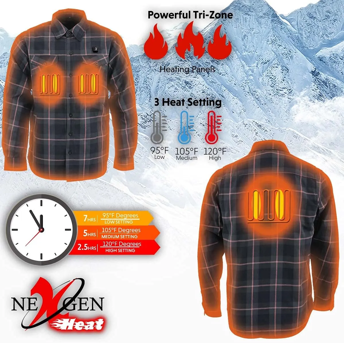 Nexgen Heat Men's NXM1602SET Riffraff Black/Grey/Red Heated Flannel Sleeve Shirt for Outdoor Activities w/Battery