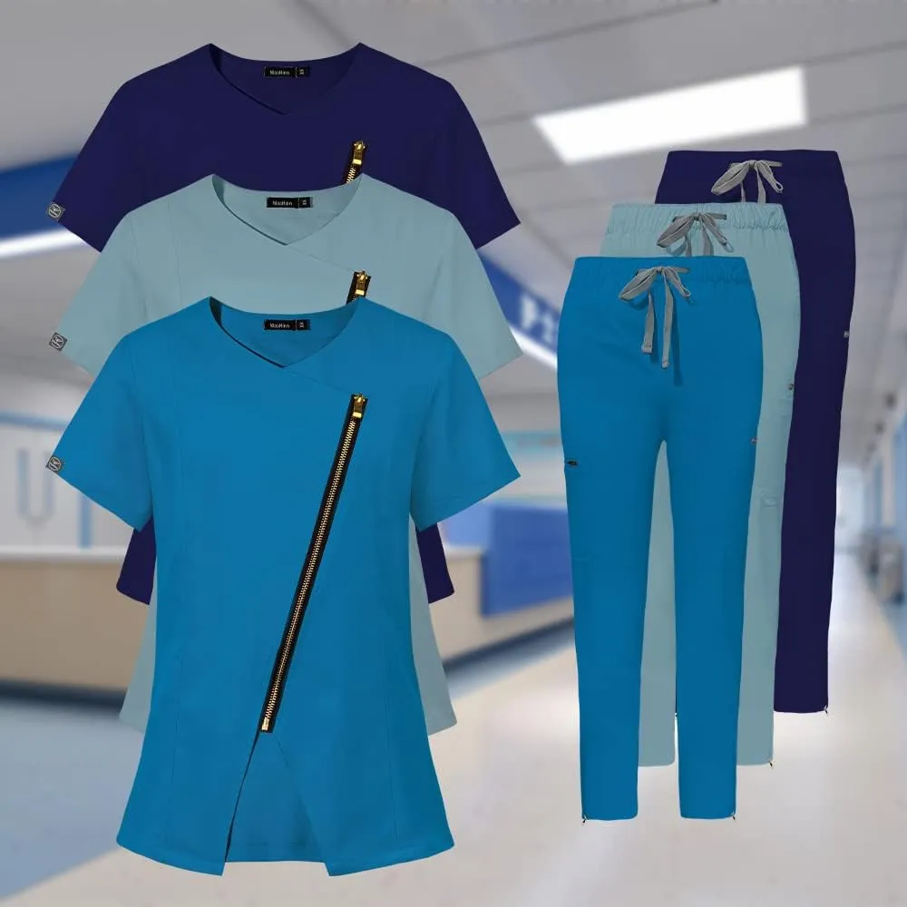 niaahinn Scrubs Set for Women Nursing Uniform Medical Scrubs Top and Elastic Waist Drawstring Pants