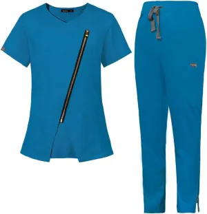 niaahinn Scrubs Set for Women Nursing Uniform Medical Scrubs Top and Elastic Waist Drawstring Pants