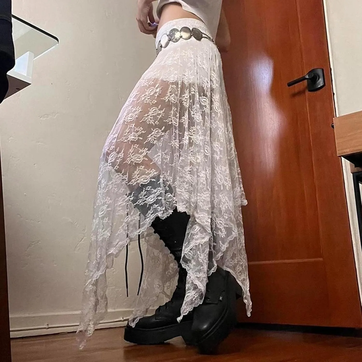 Nituyy Women Floral Lace Asymmetrical Hem Midi Skirts Casual Elastic Irregular Long Skirts Flowy Pleated See Through Dress