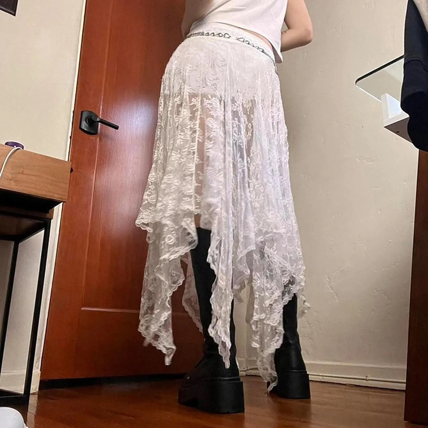 Nituyy Women Floral Lace Asymmetrical Hem Midi Skirts Casual Elastic Irregular Long Skirts Flowy Pleated See Through Dress