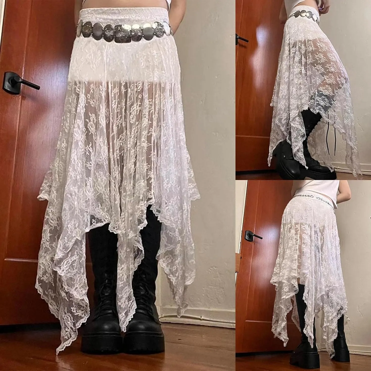 Nituyy Women Floral Lace Asymmetrical Hem Midi Skirts Casual Elastic Irregular Long Skirts Flowy Pleated See Through Dress