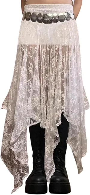 Nituyy Women Floral Lace Asymmetrical Hem Midi Skirts Casual Elastic Irregular Long Skirts Flowy Pleated See Through Dress
