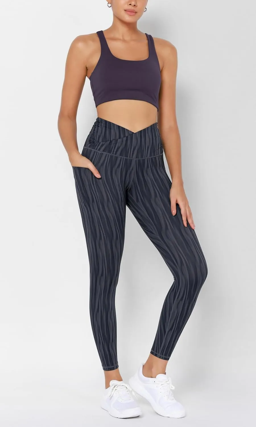 ODODOS Women's Gathered Cross Waist Yoga Leggings with Pockets, 25" / 28" Crossover Workout Yoga Pants