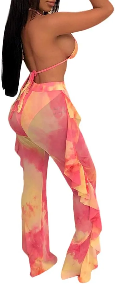 Ophestin Womens Sexy Halter Sheer Bikini Ruffle Long Pants Set 2 Piece Swimsuit