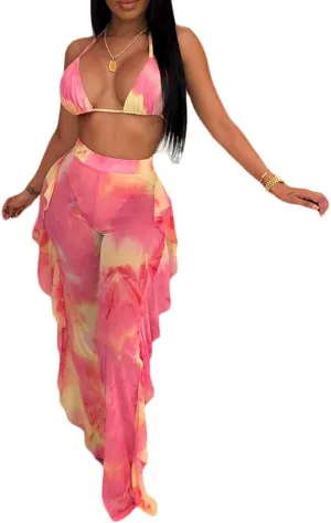 Ophestin Womens Sexy Halter Sheer Bikini Ruffle Long Pants Set 2 Piece Swimsuit
