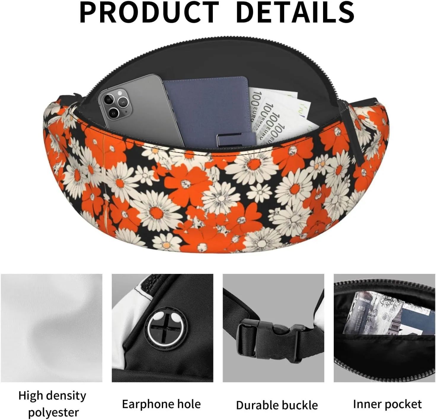 Orange Daisy Print Fanny Pack For Women Men, With Adjustable Strap, Lightweight Waterproof Waist Bag For Sport Walking Running