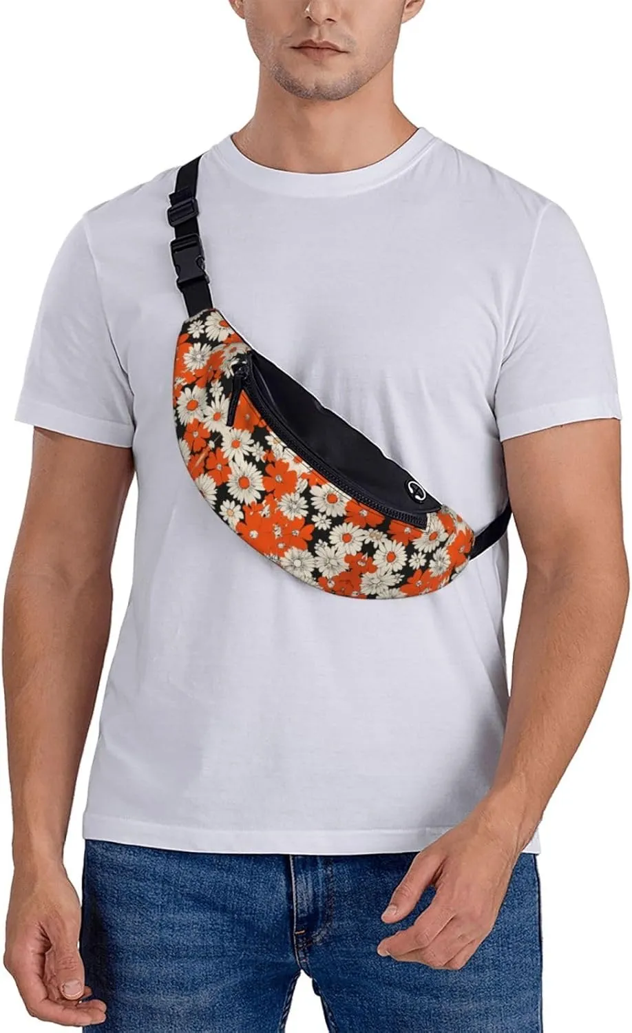 Orange Daisy Print Fanny Pack For Women Men, With Adjustable Strap, Lightweight Waterproof Waist Bag For Sport Walking Running