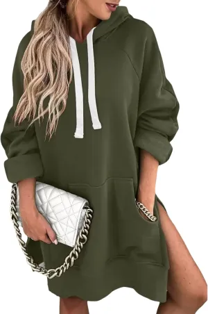 Oversized Hoodie Dress Women, Hoodie Dress for Women with Pockets, Women's Casual Pullover Long Sleeve Split Hem