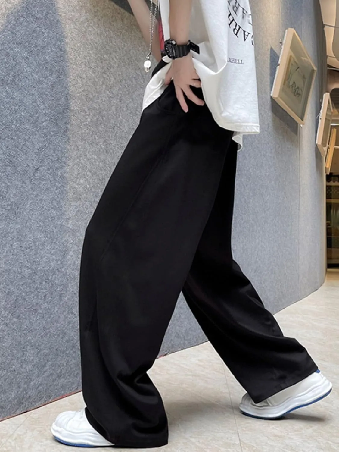 OYOANGLE Men's Drawstring Elastic Waist Baggy Sweatpants Y2K Loose Wide Leg Long Pants with Pocket