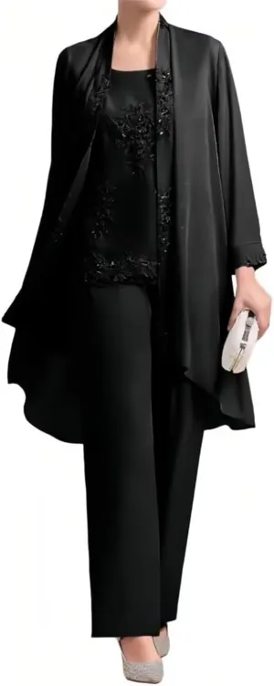 Pants Suits Lace Appliques Mother of The Bride 3 Pieces Wedding Guest Dresses with Jacket