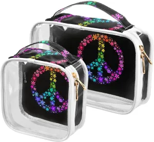 Peace-sign 2 Pack Clear Toiletry Bag Women Men, Portable Waterproof Clear Pouch, Cosmetic Bag with Double Zippers Large Opening Traveling with Handle for Bathroom Traveling Vacation Organizing