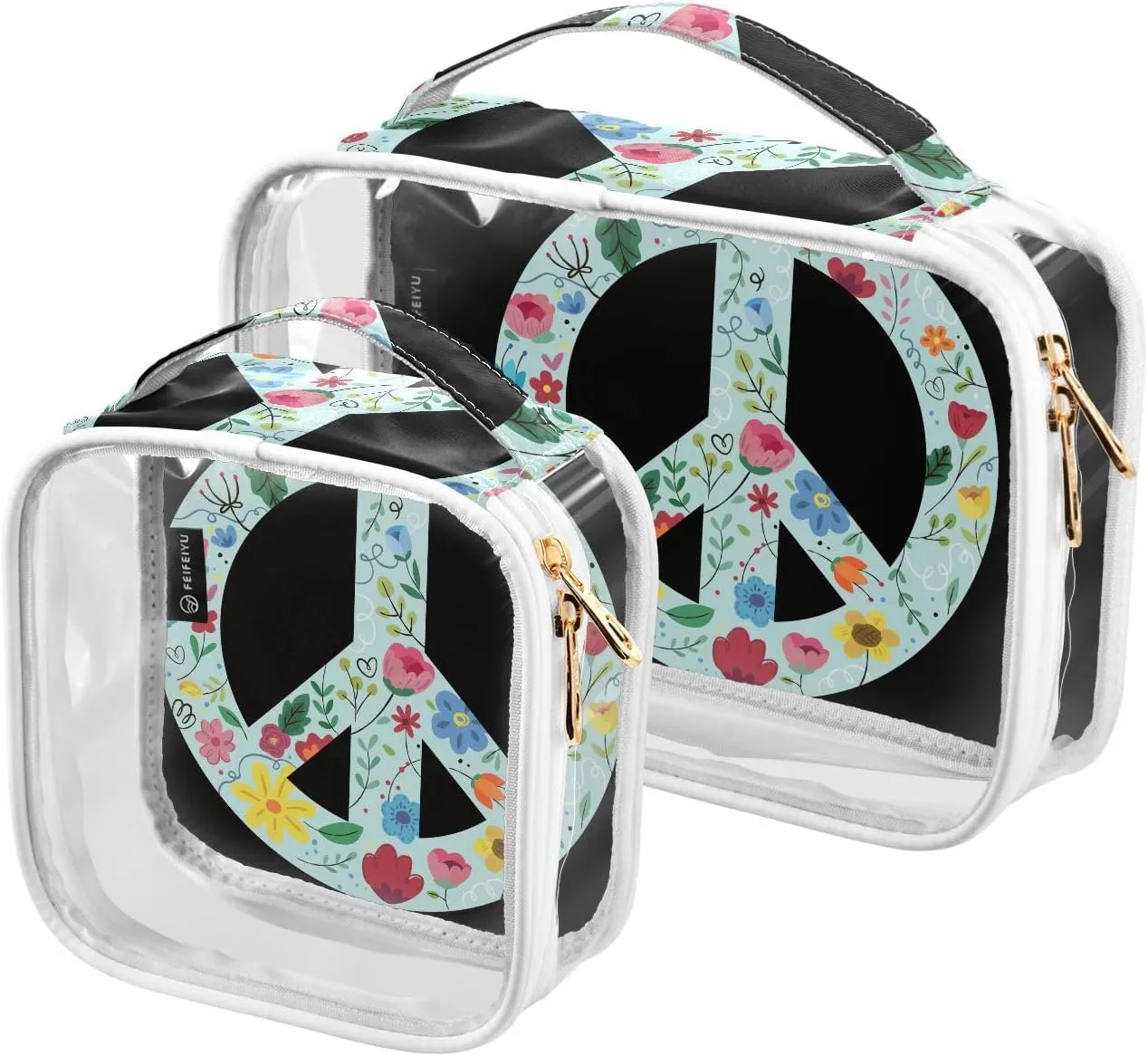 Peace-sign-pattern 2 Pack Clear Toiletry Bag Women Men, Portable Waterproof Clear Pouch, Cosmetic Bag with Double Zippers Large Opening Traveling with Handle for Bathroom Traveling Vacation Organizing