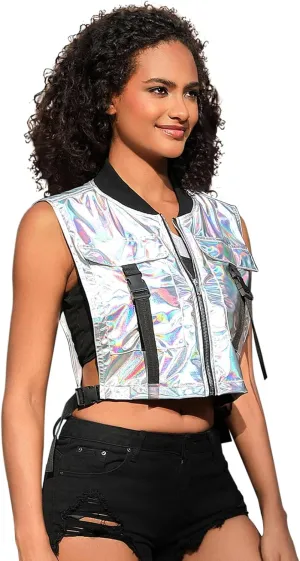 Perfashion Cropped Vest For Women Buckle Zip Up Metallic Cargo Cyberpunk Jacket With Pockets Streetwear Rave Outfit