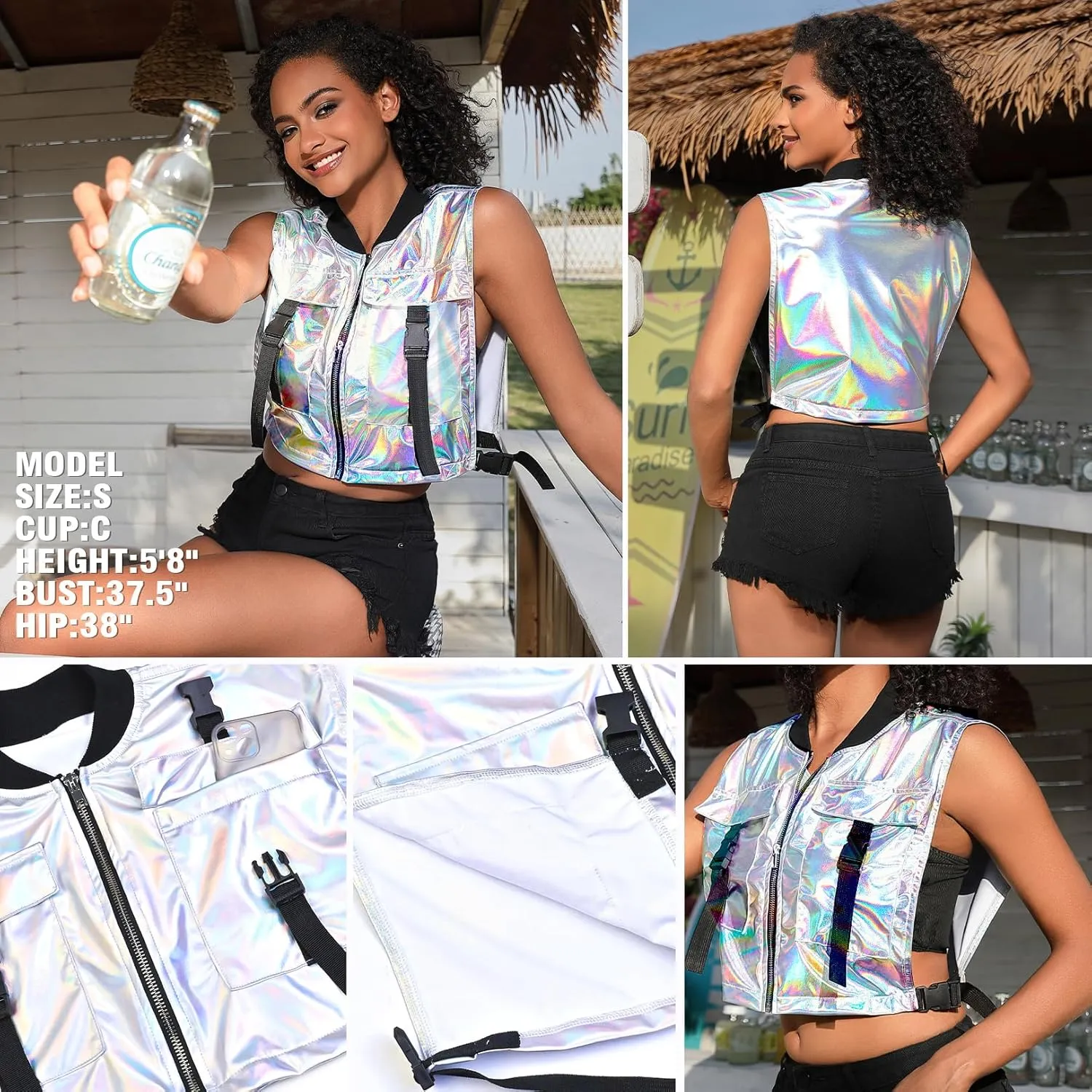 Perfashion Cropped Vest For Women Buckle Zip Up Metallic Cargo Cyberpunk Jacket With Pockets Streetwear Rave Outfit