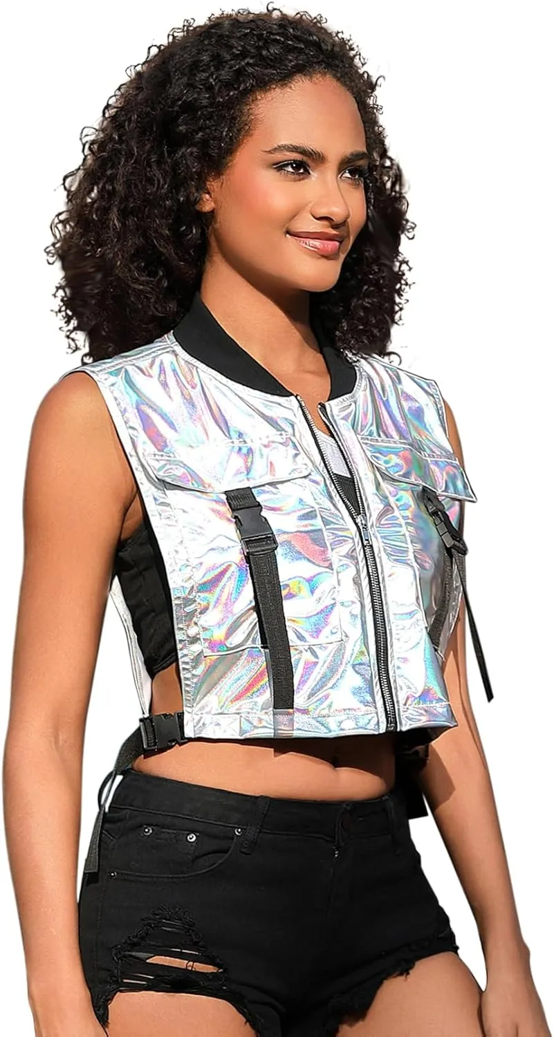 Perfashion Cropped Vest For Women Buckle Zip Up Metallic Cargo Cyberpunk Jacket With Pockets Streetwear Rave Outfit