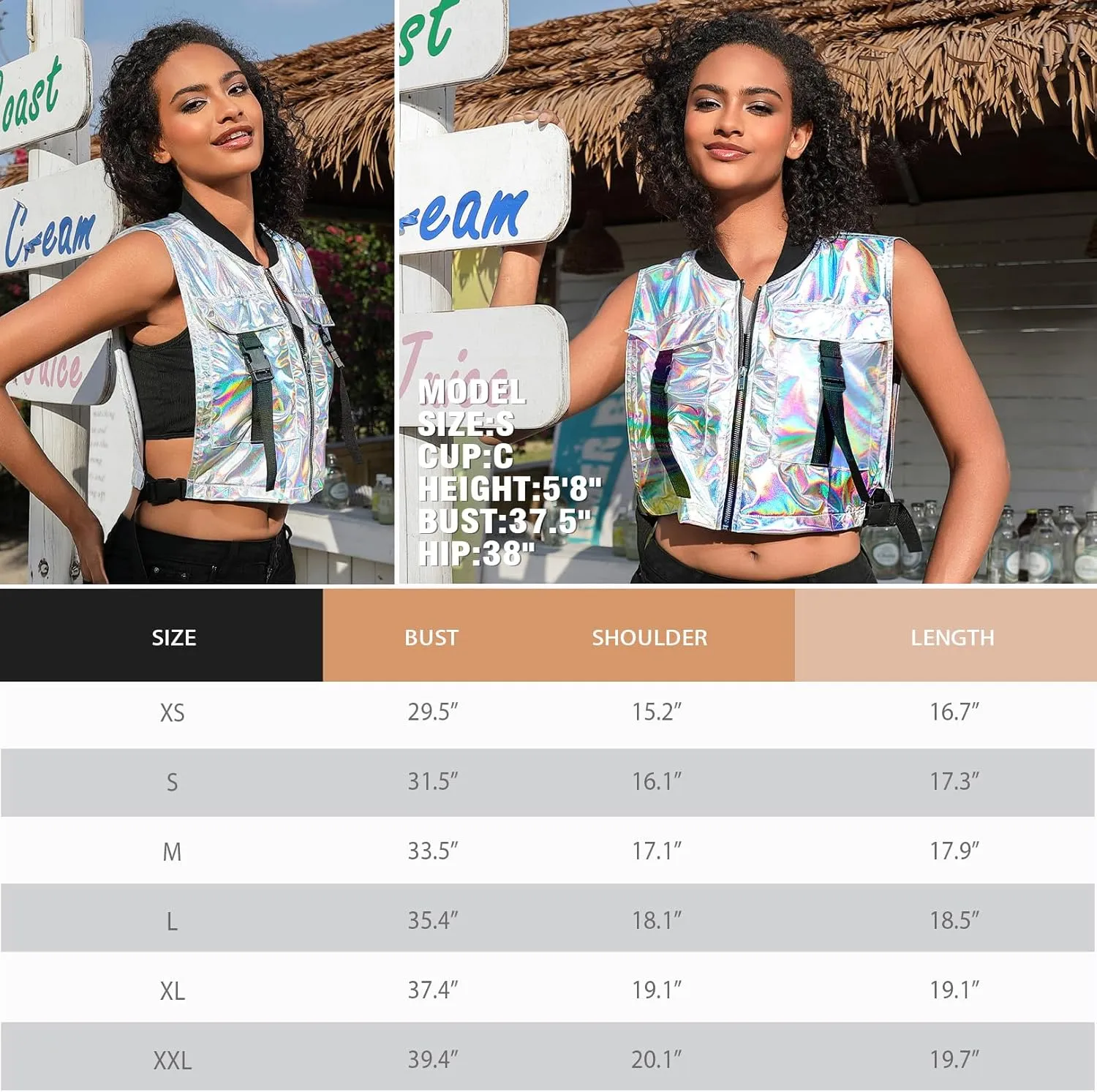 Perfashion Cropped Vest For Women Buckle Zip Up Metallic Cargo Cyberpunk Jacket With Pockets Streetwear Rave Outfit